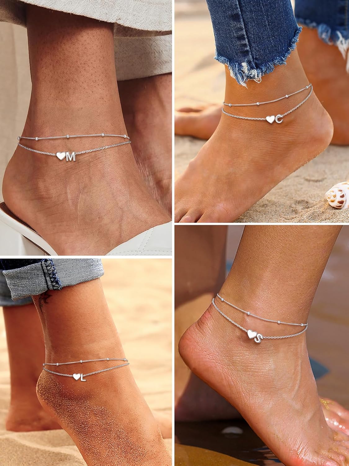 Detalle de PROSILVER Women Sterling Silver Heart Anklet with A-Z Initial
