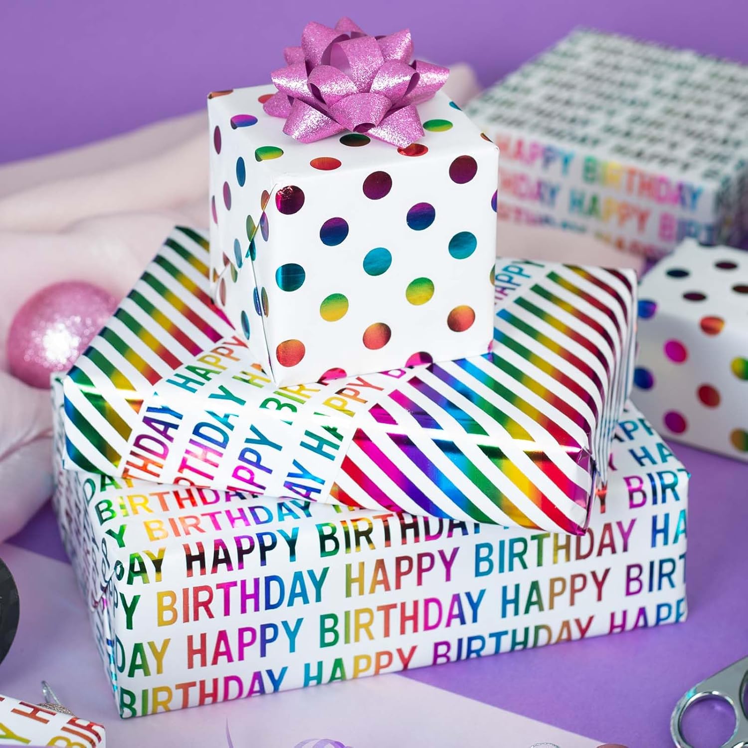Thumbnail 4 de Wik adlik Geburtstags-Geschenkpapier, 3 Mini-Rollen, buntes Regenbogen-Design