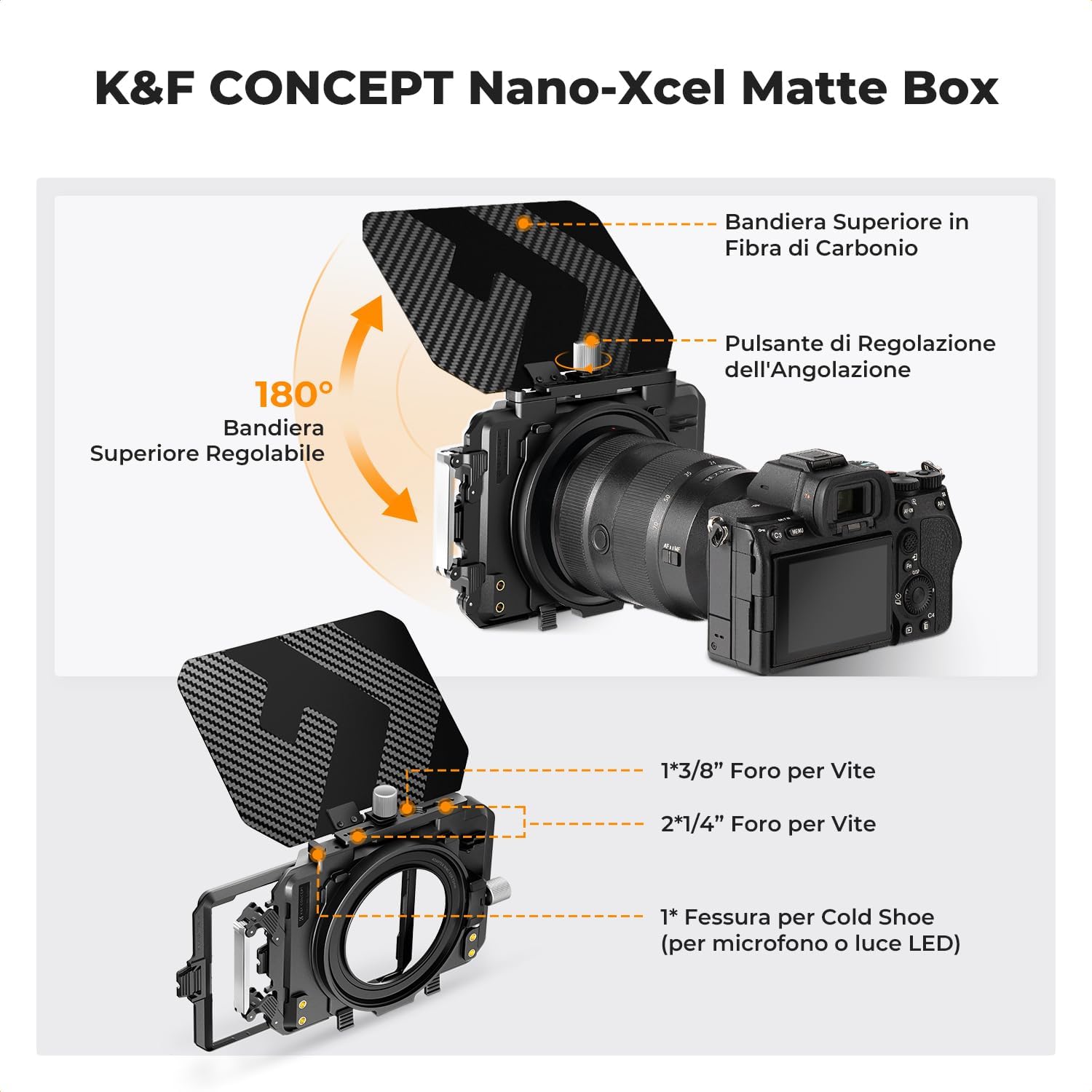 Thumbnail 1 de K&F CONCEPT Matte Box Base in fibra di carbonio con anelli 67/72/77/82/95 mm e attacco 1/4”, 3/8”