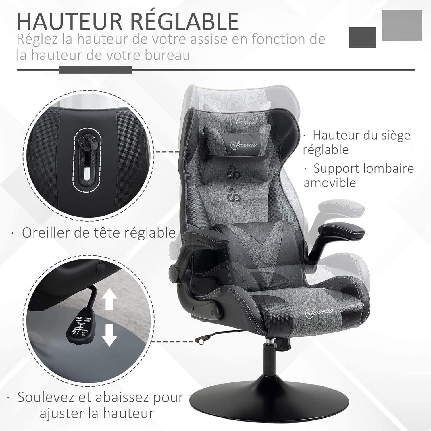 Detalle de Vinsetto Chaise de Gaming Ergonomique — Confort et ajustements pour longues sessions