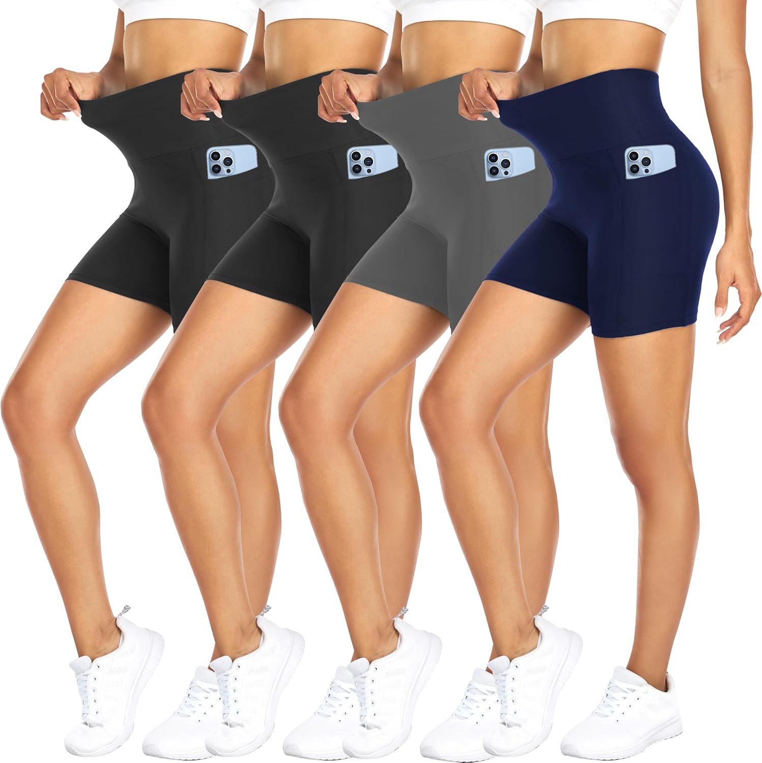 Detalle de FULLSOFT 4 Pack Biker Shorts for Women with Pockets – 5" High Waisted