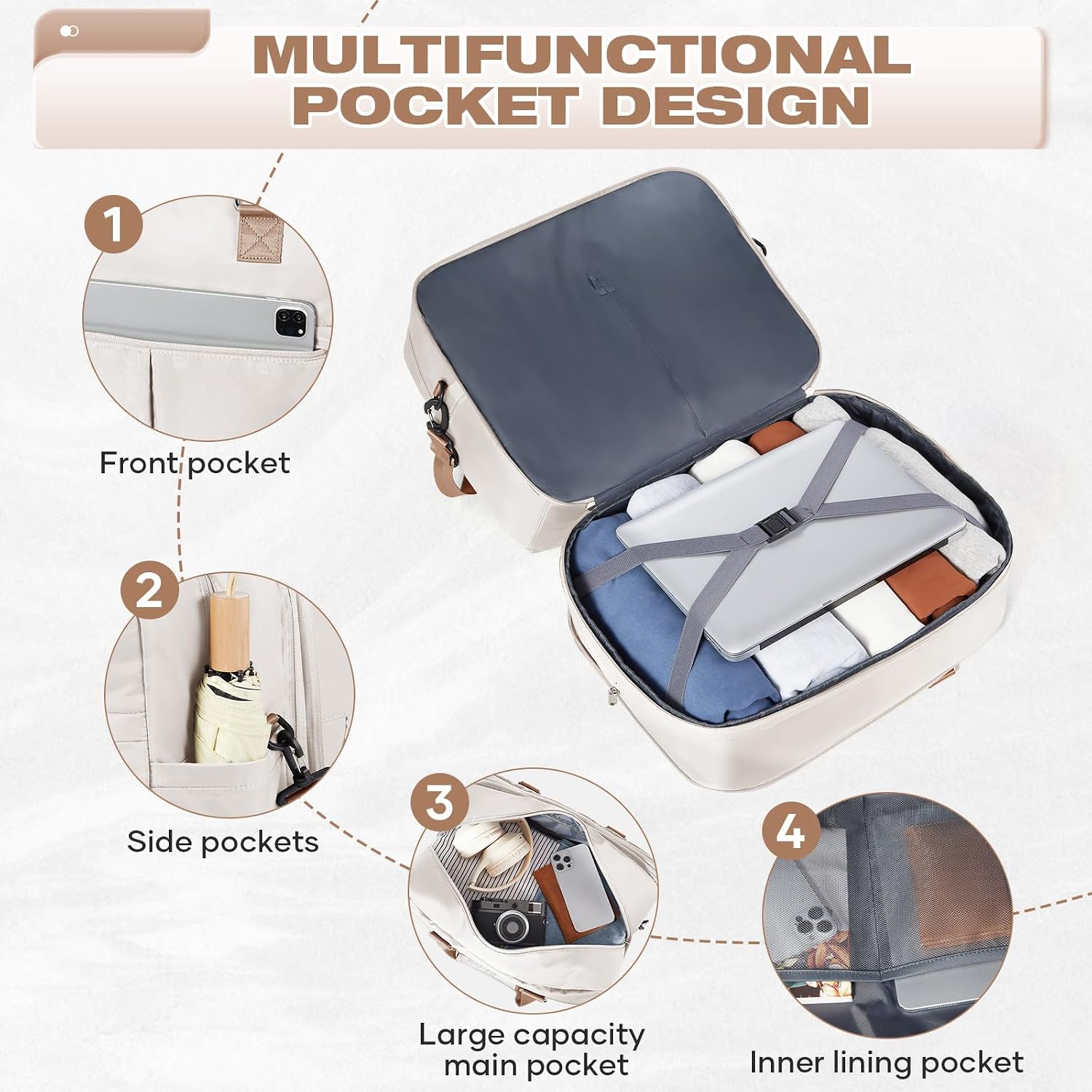 Thumbnail 6 de Reisetasche Damen 45×36×20 Easyjet Handgepäck Tasche Dufflebag/Weekender 10 cm erweiterbar (wasserfest) – D1-Beige braun