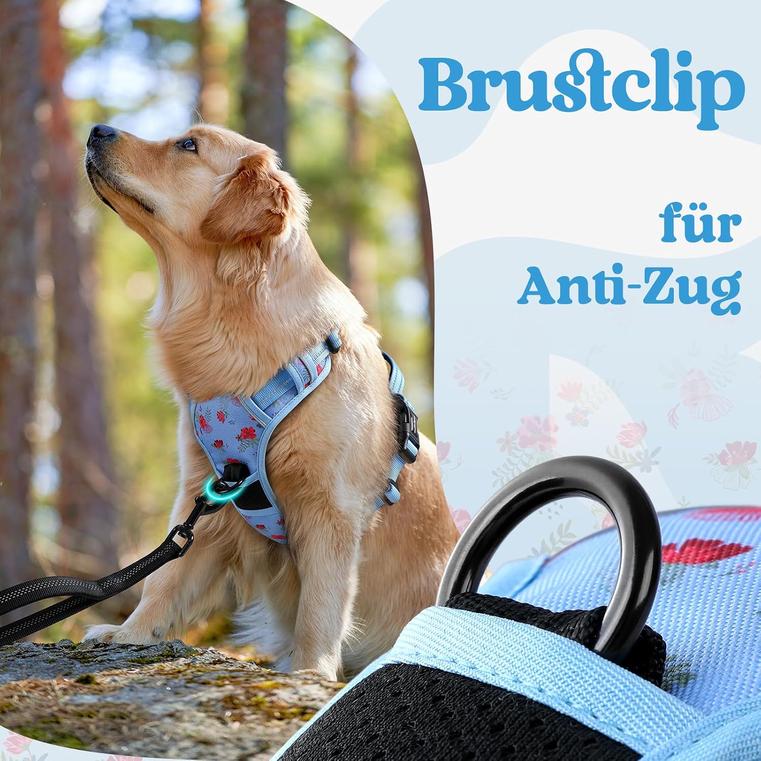 Detalle 2 de rabbitgoo Hundegeschirr für große Hunde (verstellbar, Anti-Zug) – mit Griff, reflektierend, weich gepolstert – Blumen Blau L