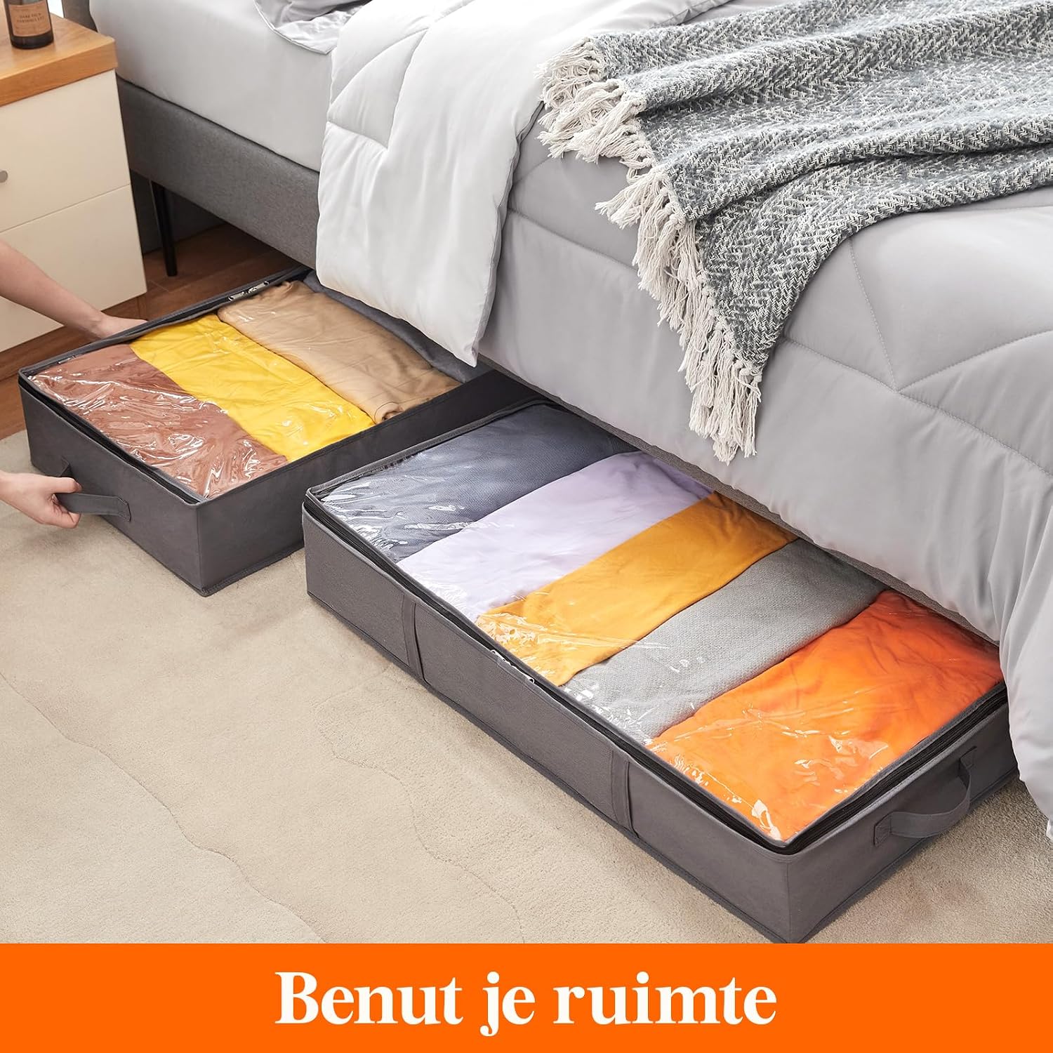 Detalle de Lifewit LF230216 opbergzakken onder het bed, 3-pack van 65 liter, grijs