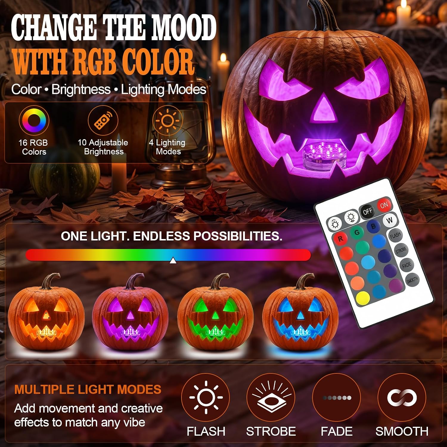 Thumbnail 2 de POLENTAT SY-HWSLRGB Halloween Pumpkin Lights, RGB Submersible LED 4-Pack