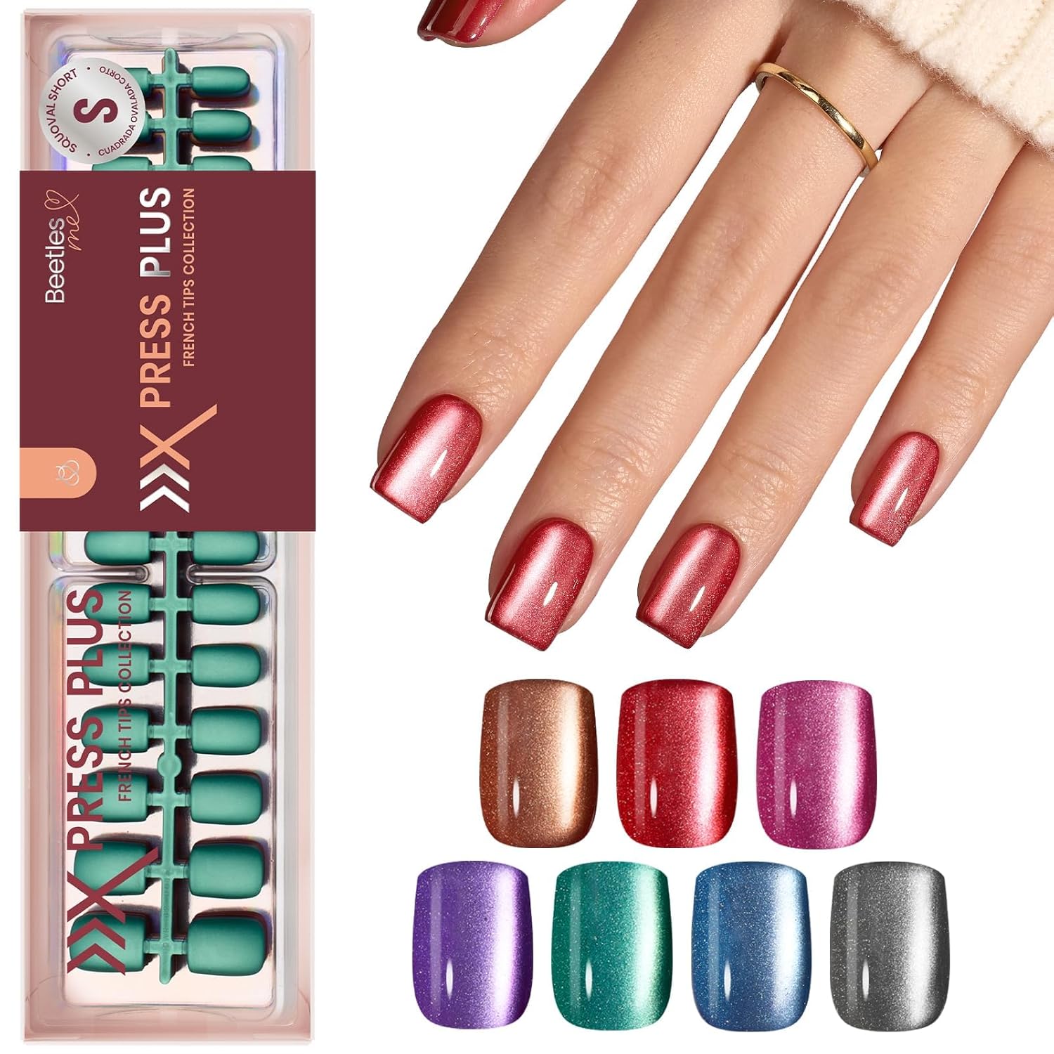 Detalle de Beetles X Press Plus Cat Eye Nails “Galaxy Aurora” – 7-Color Short Square Press-On Set (224 pcs, 16 sizes)