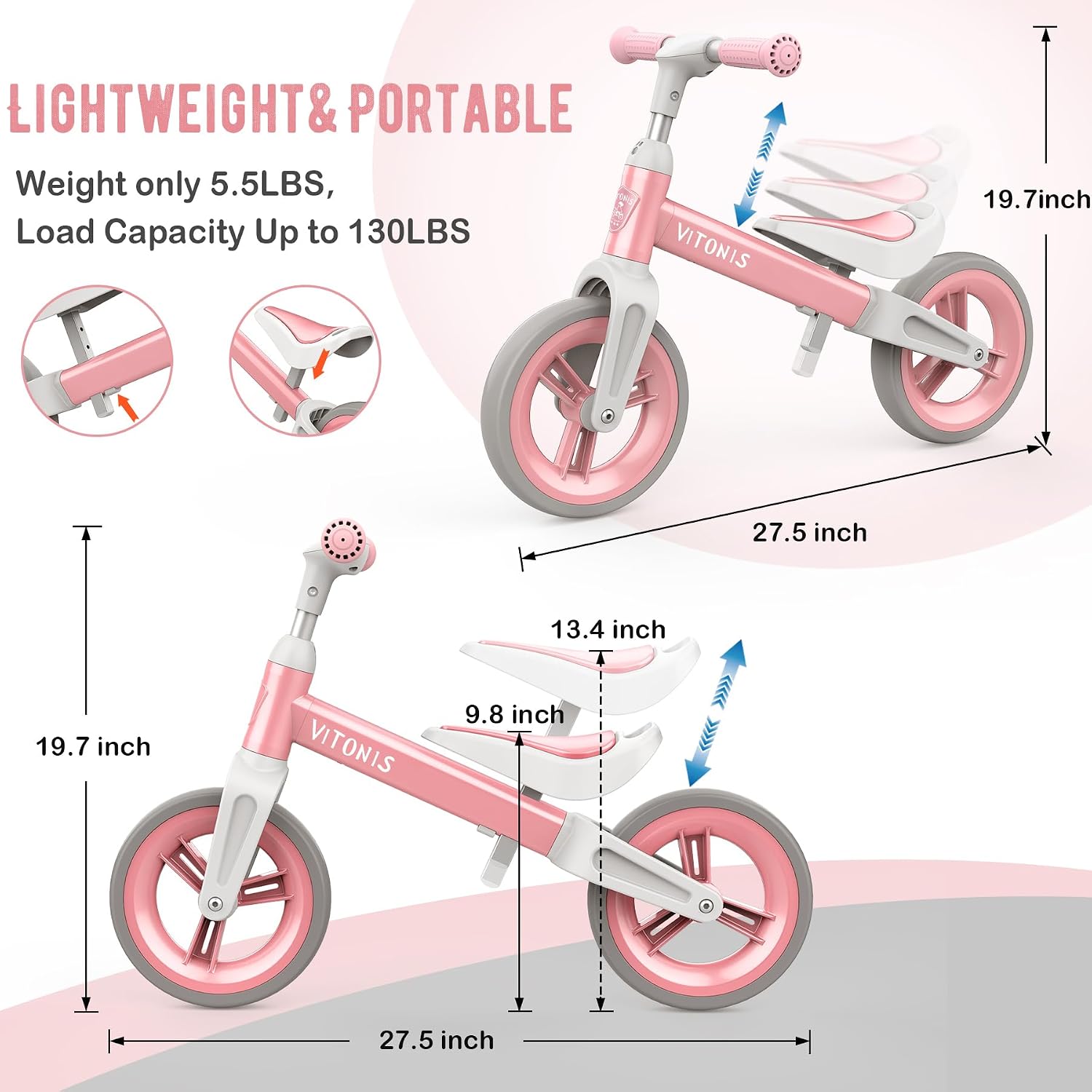Detalle 2 de VITONIS Laufrad ab 1,5–4 Jahre bis 25 kg | Lenkrad und Sattel höhenverstellbar, Lenkradschloss, Ultraleichtes Balance-Fahrrad