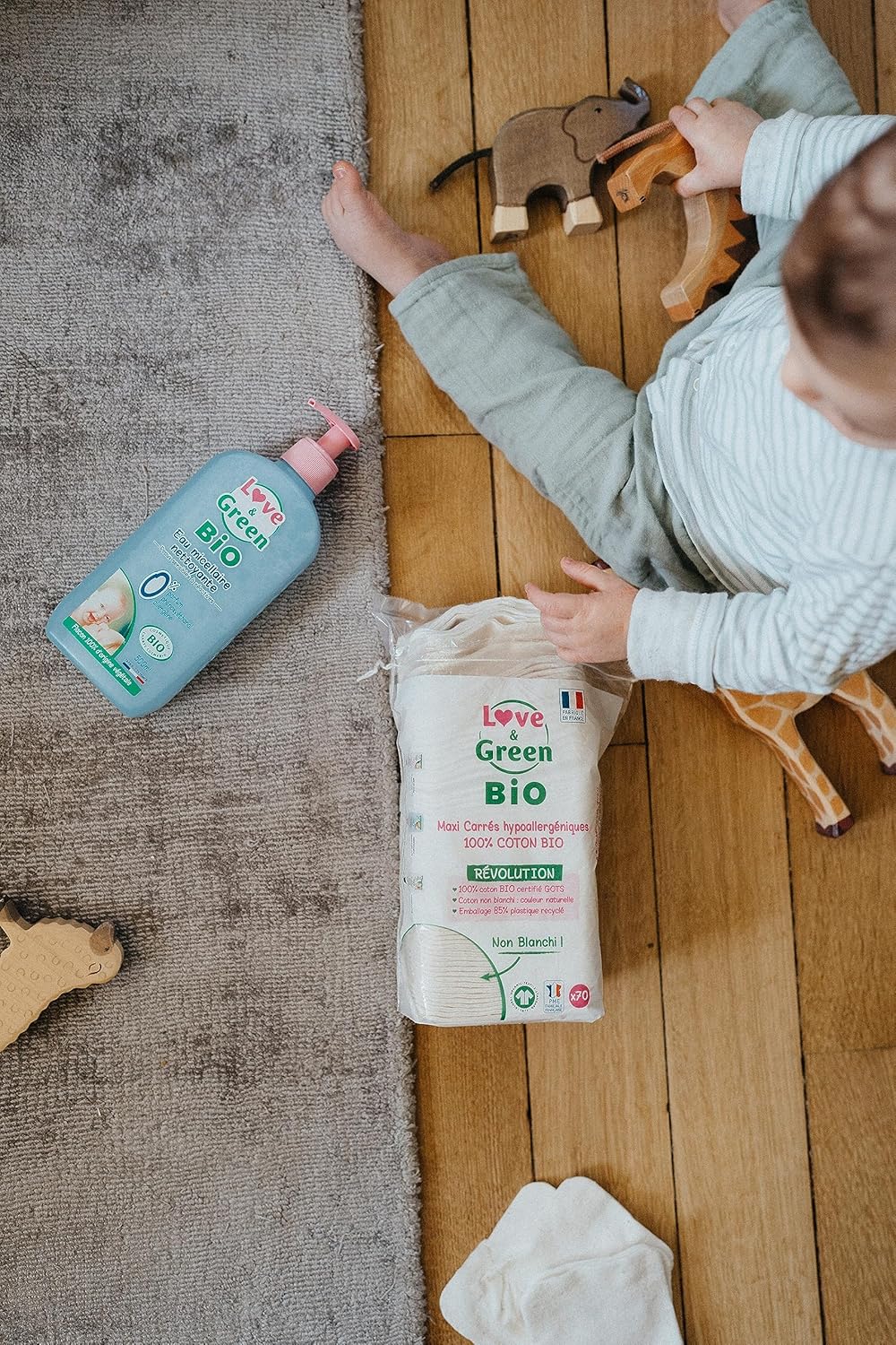 Thumbnail 5 de Love & Green Cotons Maxi Carrés hypoallergéniques 100% bio (x70) – change & toilette bébé, fabriqués en France