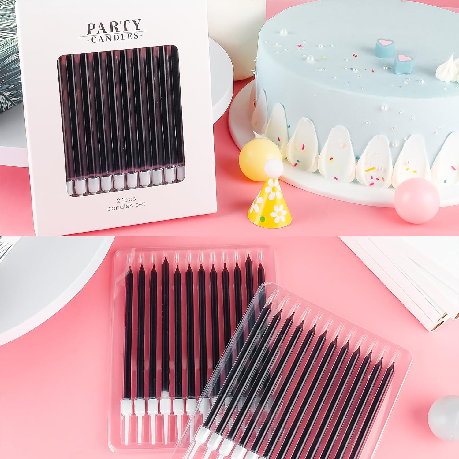 Thumbnail 5 de Yiran Glitter Black Birthday Candles (24 pcs) – 10cm thin tall cake topper candles with holders