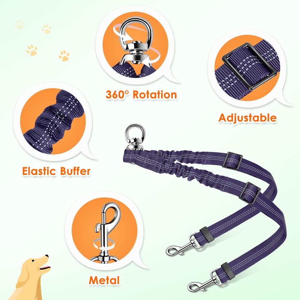 Detalle de Nasjac Double Dog Lead Splitter: No-Tangle 360° Rotation, Adjustable Bungee Coupler for Walking Two Dogs