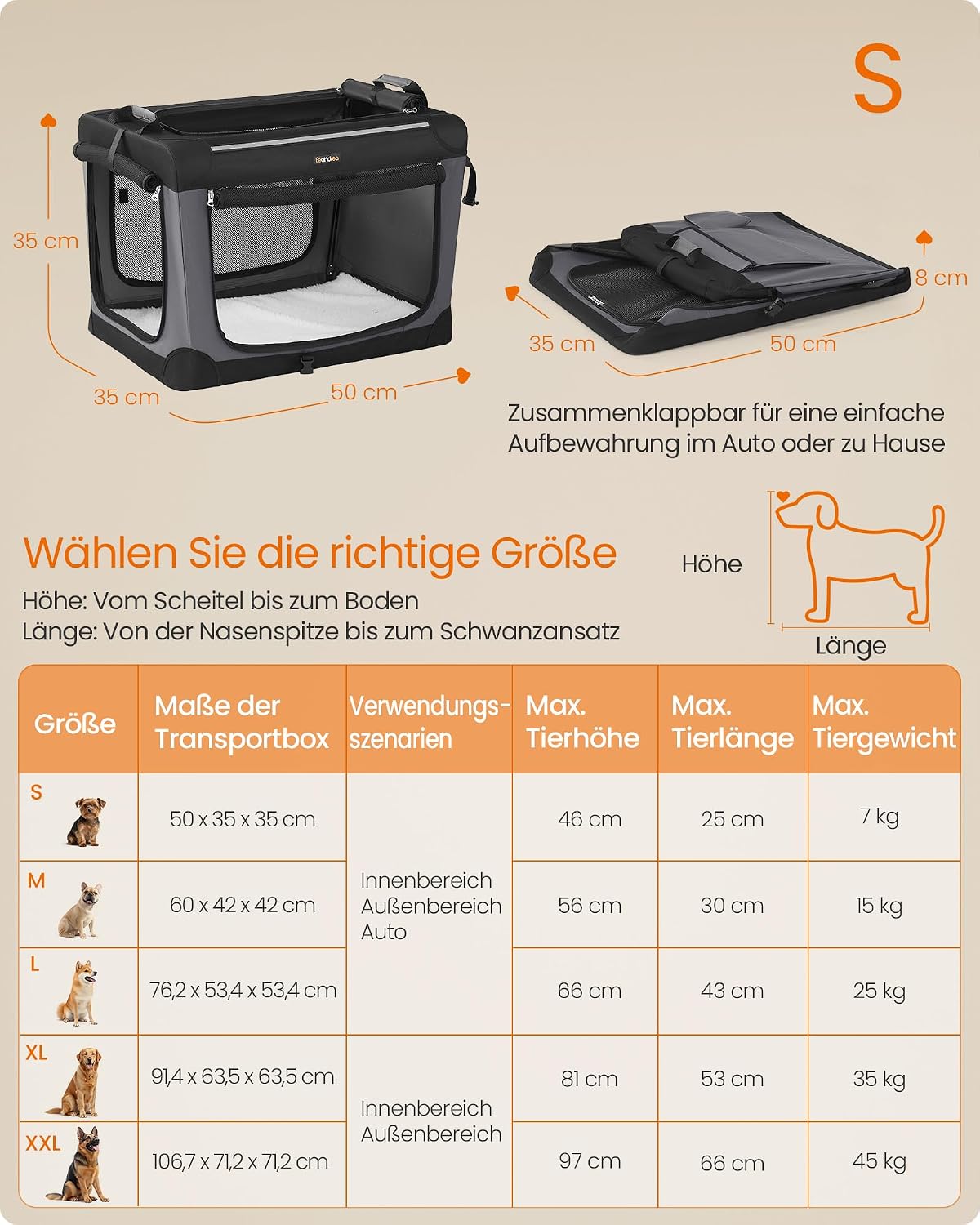 Detalle 2 de Feandrea faltbare Hundebox 50 cm – Transportbox für kleine Hunde, inkl. Netztüren, Schlaufen & Trinkflaschenhalter