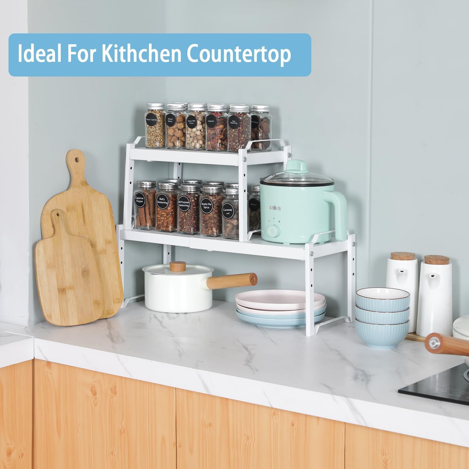 Thumbnail 6 de 2-Pack Expandable Adjustable Kitchen Cabinet Shelves Organizer (Stackable Metal Riser Stand) — 20.5" Length, 22 lbs Capacity