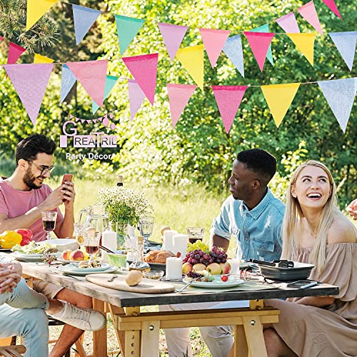 Detalle de GREATRIL Wimpelkette Outdoor Pastell 16 m – 4er Set, wetterfestes Leinenimitat mit 48 Flaggen