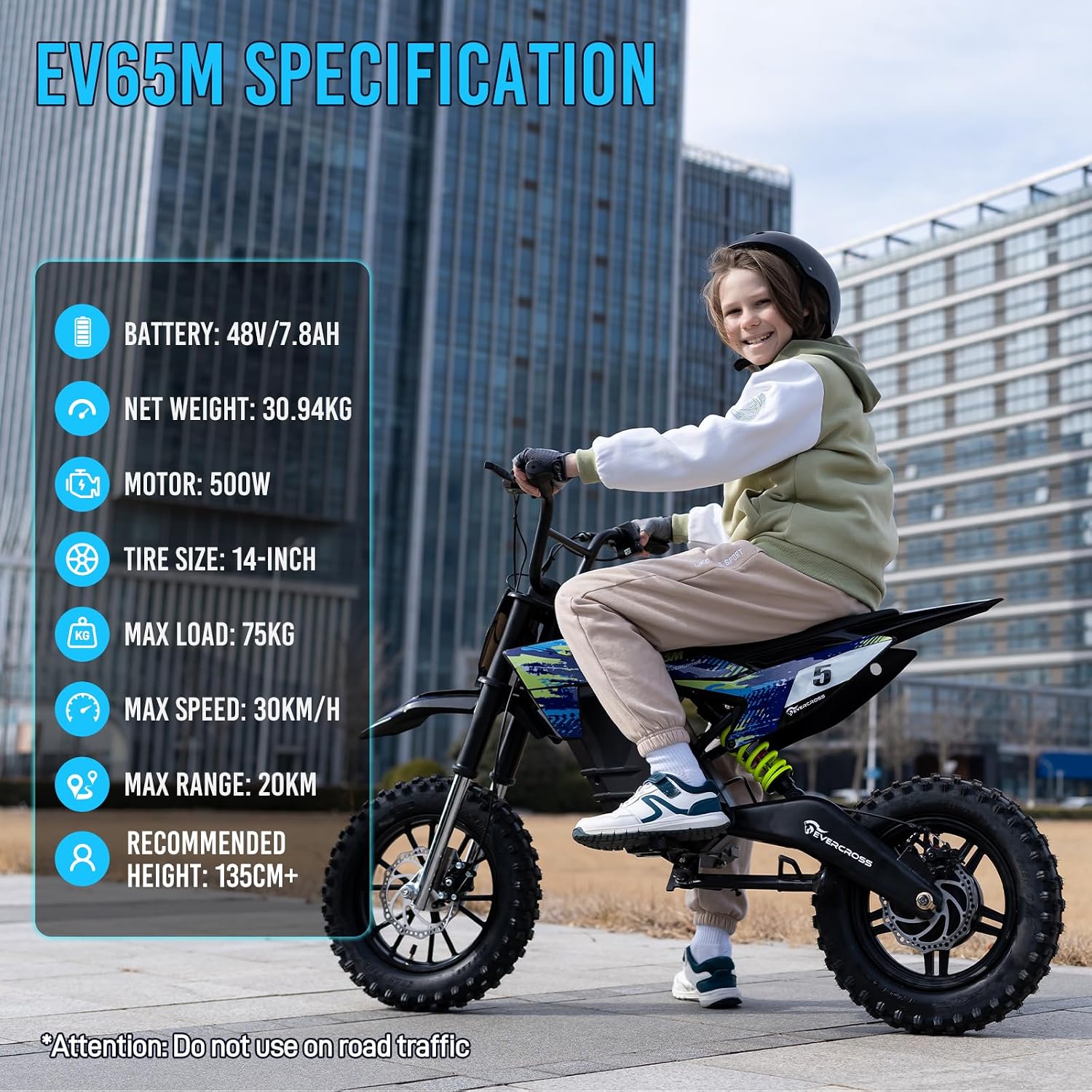 Thumbnail 1 de EVERCROSS EV65M 48V Motocicletta Elettrica per Bambini – 500W, 3 Velocità, Autonomia 20 km, Pneumatici 14