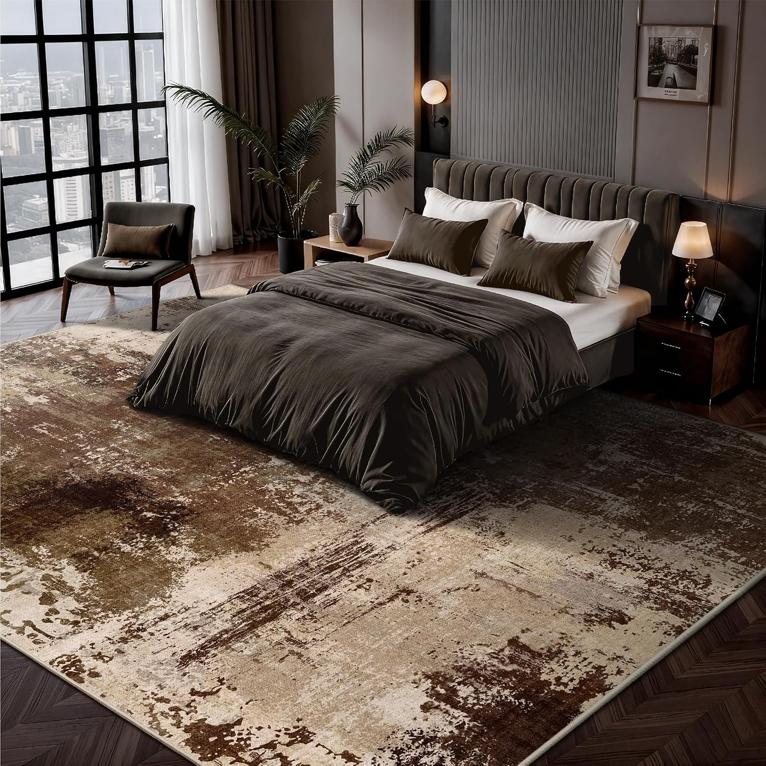 Detalle de Yarooge 8' x 10' Brown Abstract Washable Area Rug, Low-Pile