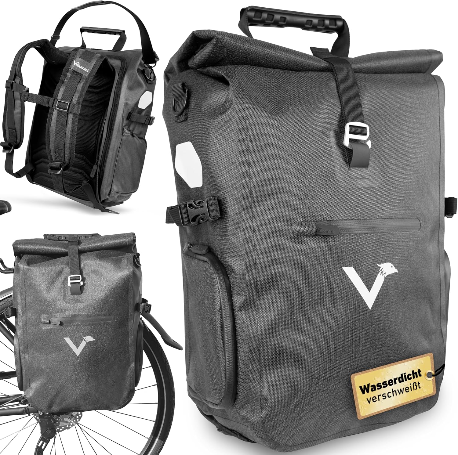Detalle de Valkental 3in1 Fahrradtasche Pro – Das Original, 23 L, 100% wasserdicht, vielseitig einsetzbar