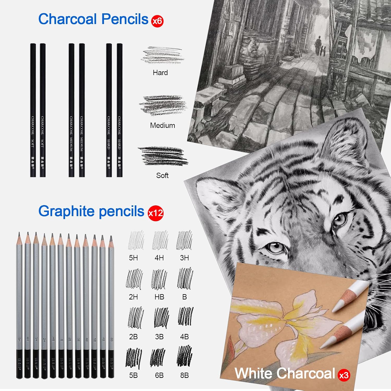 Thumbnail 5 de H & B 80pcs Drawing Set Sketching Pencil Set with 3-Colour Sketchbook and Colouring Book