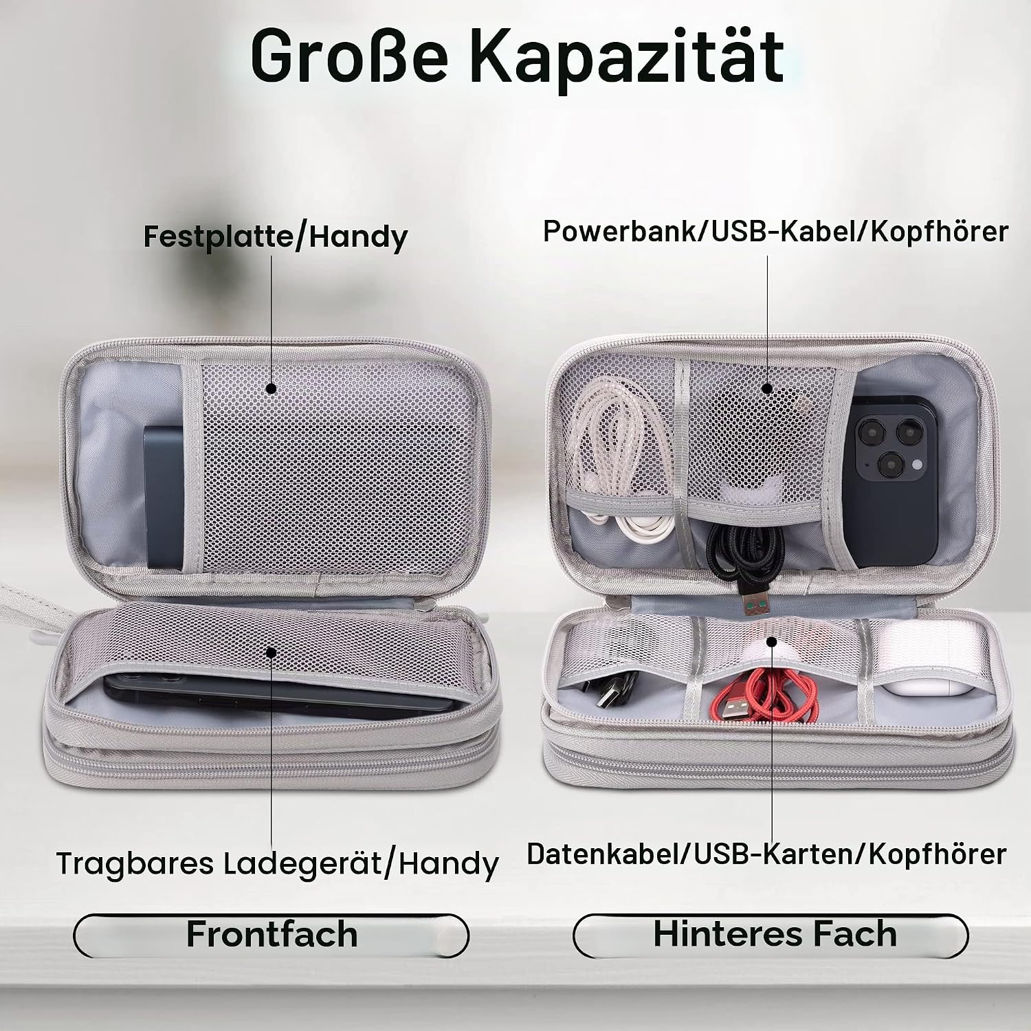 Detalle de Arae Elektronik Zubehör Organizer – Doppelschicht Kabeltasche, Grau