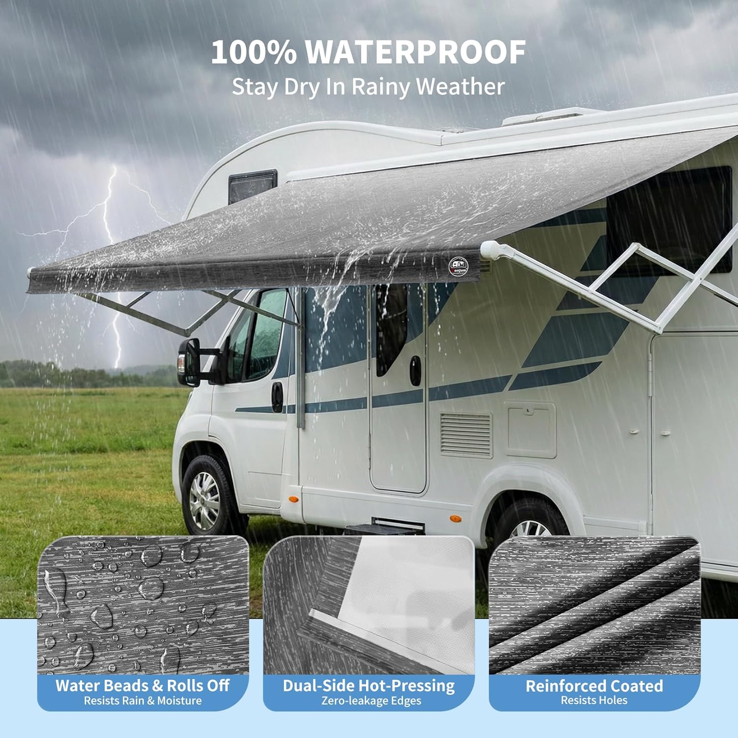 Detalle de 19.5oz Heavy Duty RV Awning Fabric Replacement — 5-Layer Rip-Stop, Waterproof & UV-Resistant, Universal Fit 18FT