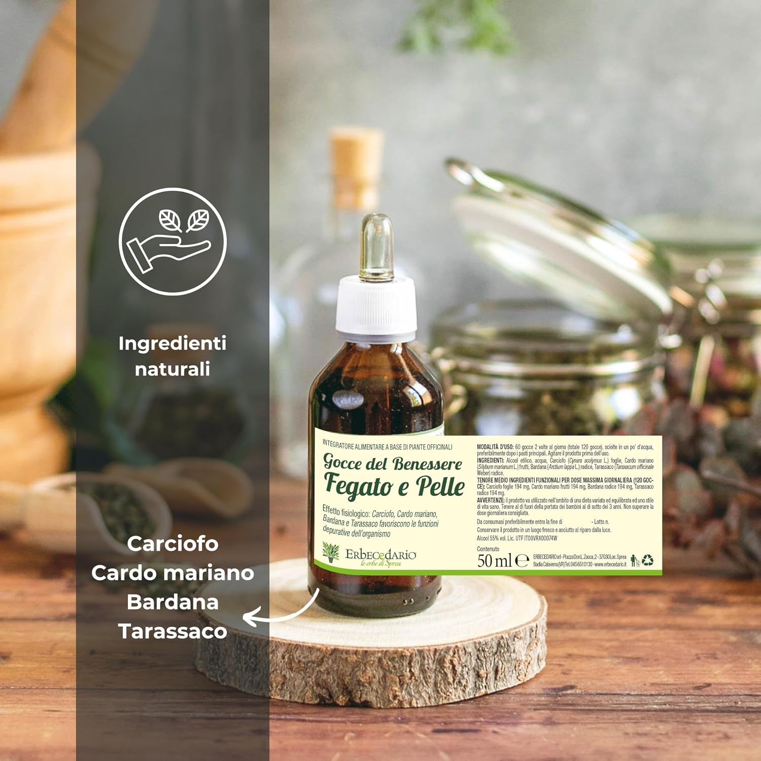 Detalle de Gocce Del Benessere Fegato e Pelle Erbecedario 50ml – Depurativo naturale con Carciofo e Cardo Mariano