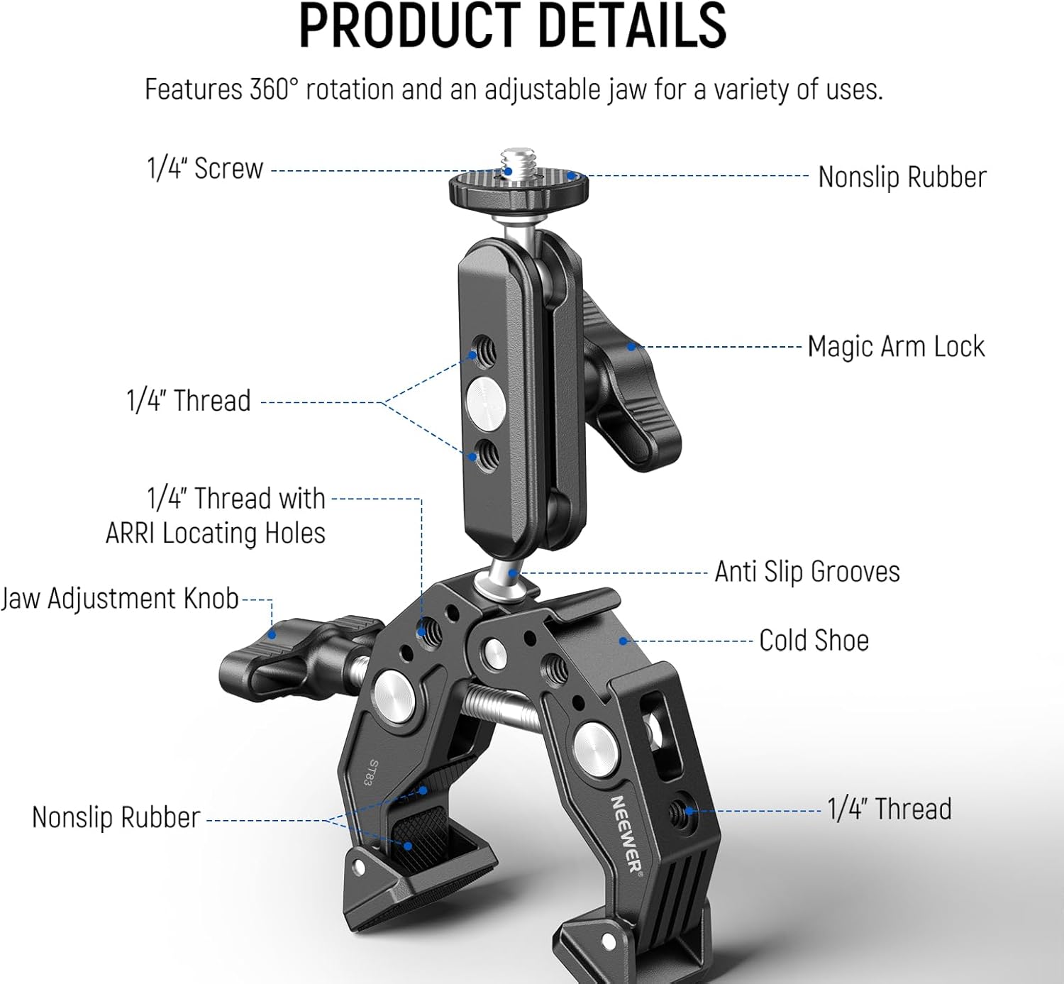 Thumbnail 1 de NEEWER Super Clamp with 3" Dual Ballhead Magic Arm (ST83) for phone & action cameras