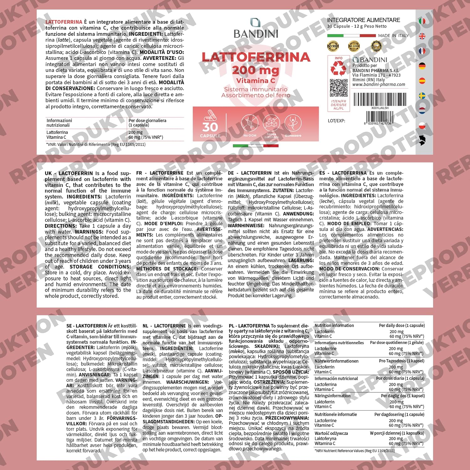 Detalle 1 de Lactoferrin Bandini 200 mg plus Vitamin C