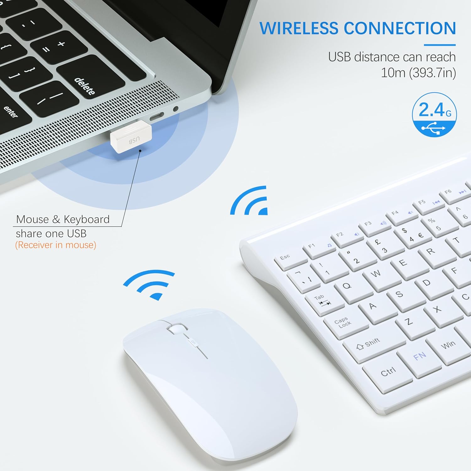 Detalle de TopMate Wireless Keyboard and Mouse Ultra Slim Combo (2.4G, Silent, USB) – White