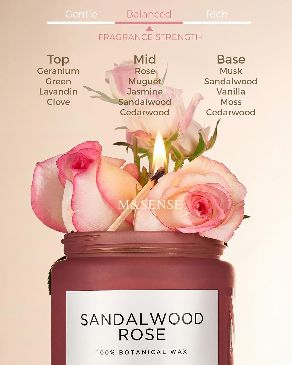 Detalle 2 de M&SENSE Sandalwood Rose Scented Candle — 19.4oz, 110 Hours, Dual-Wick Natural Soy Wax