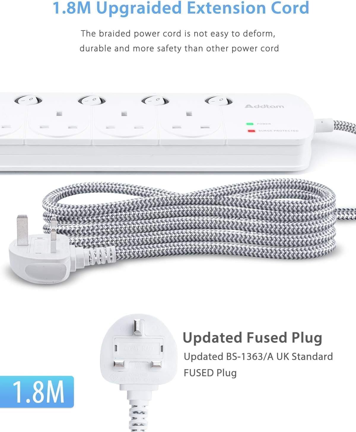 Thumbnail 5 de 4-Way Extension Lead 1.8m with 4 USB and Surge Protector 🔌