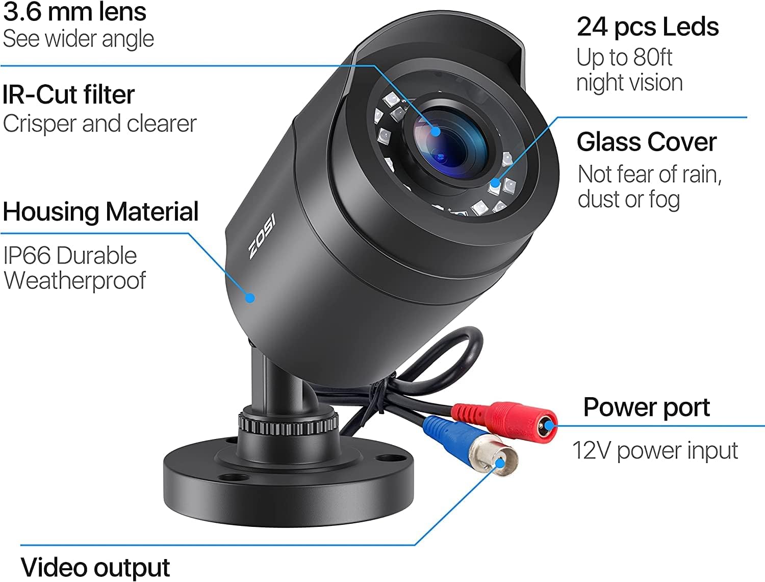 Detalle de ZOSI 4 Pack 2MP 1080p HD-TVI Outdoor/Indoor Bullet Security Cameras (Black) with IR Night Vision