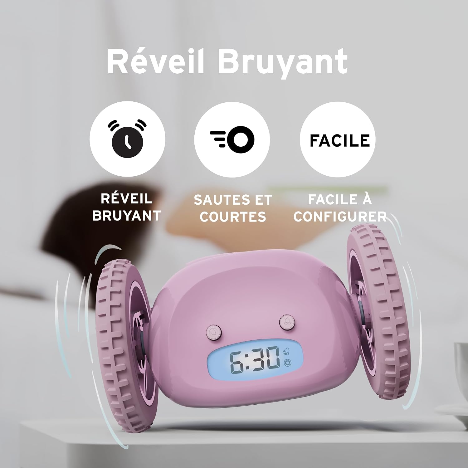 Detalle 2 de Clocky Réveil matin à roulettes “Roulant Forte Sonnerie” (lavande) — réveil puissant pour gros dormeurs