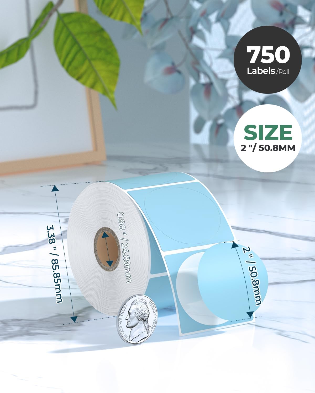 Detalle 2 de MUNBYN 50x50mm Blue Circle Thermal Sticker Labels 750