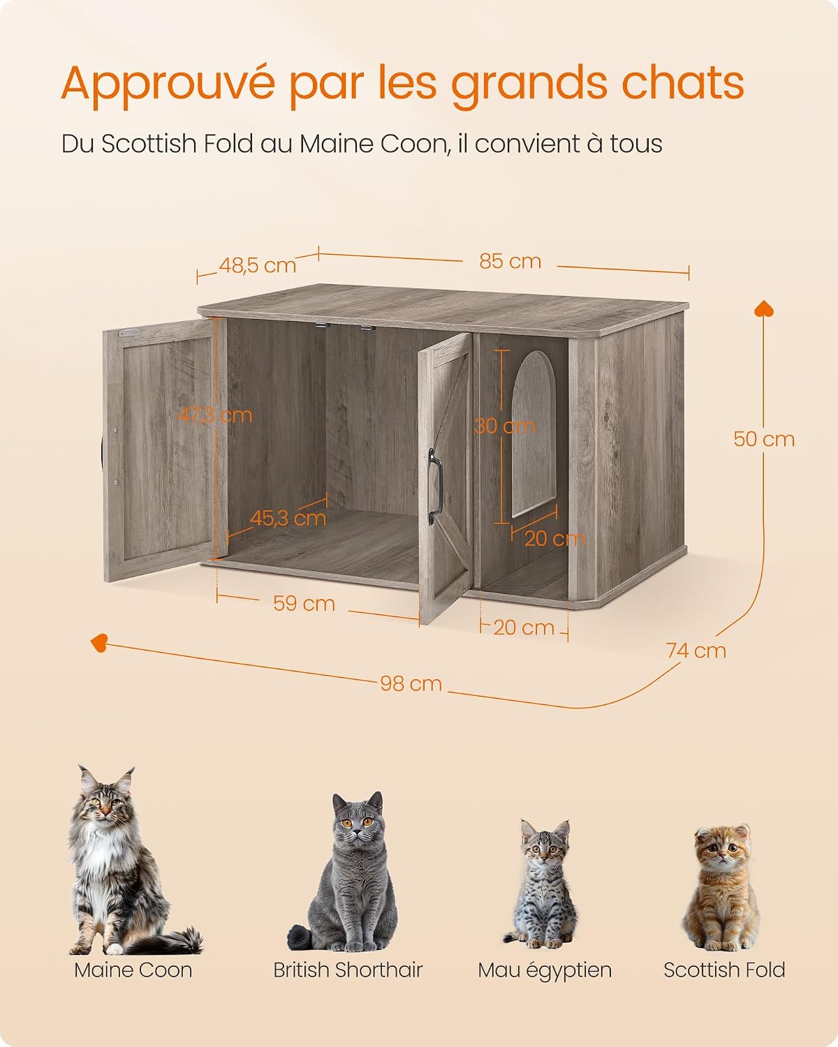 Detalle 2 de Feandrea Meuble Litière pour Chat, meuble moderne cache-litière 85 x 48,5 x 50 cm – Grège chiné
