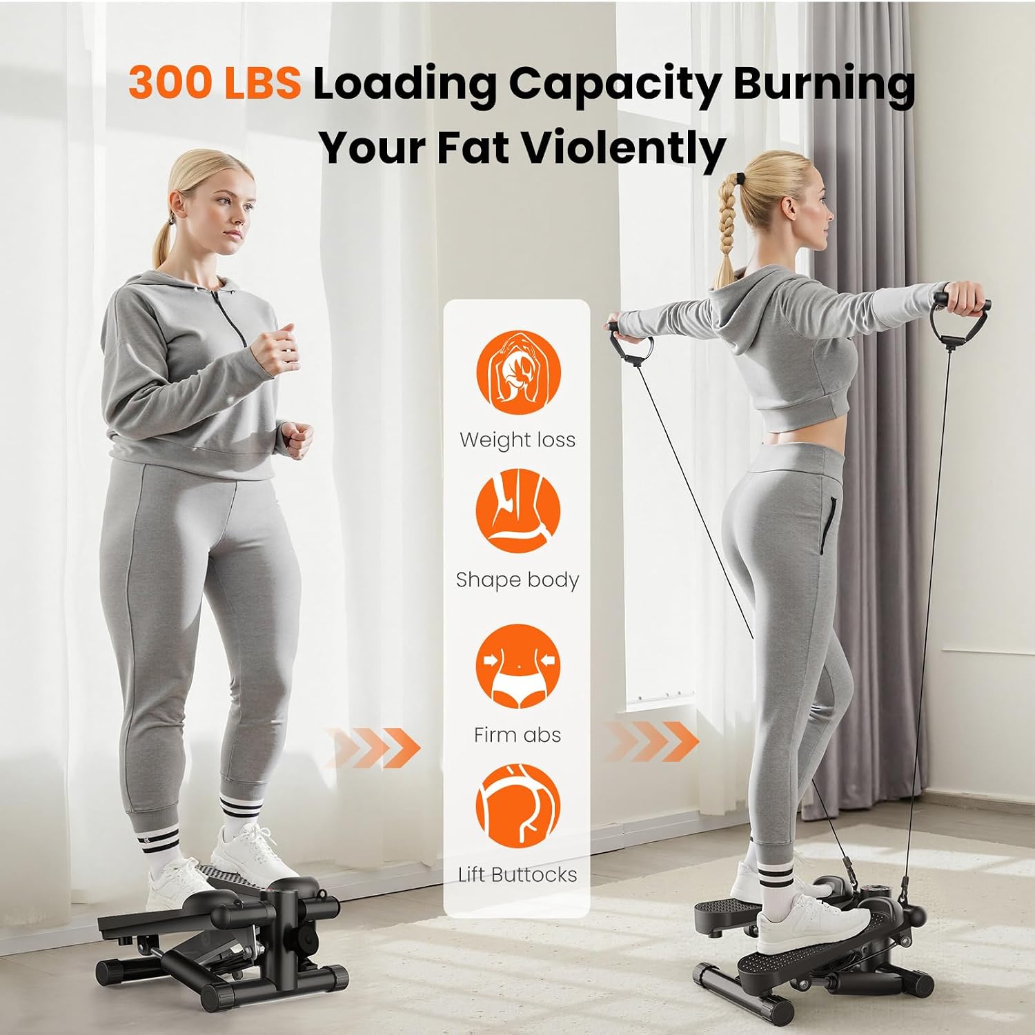 Detalle de Sweetcrispy CATBJ-J01-V2-BK Mini Stair Stepper with Resistance Bands, 117 kg Capacity