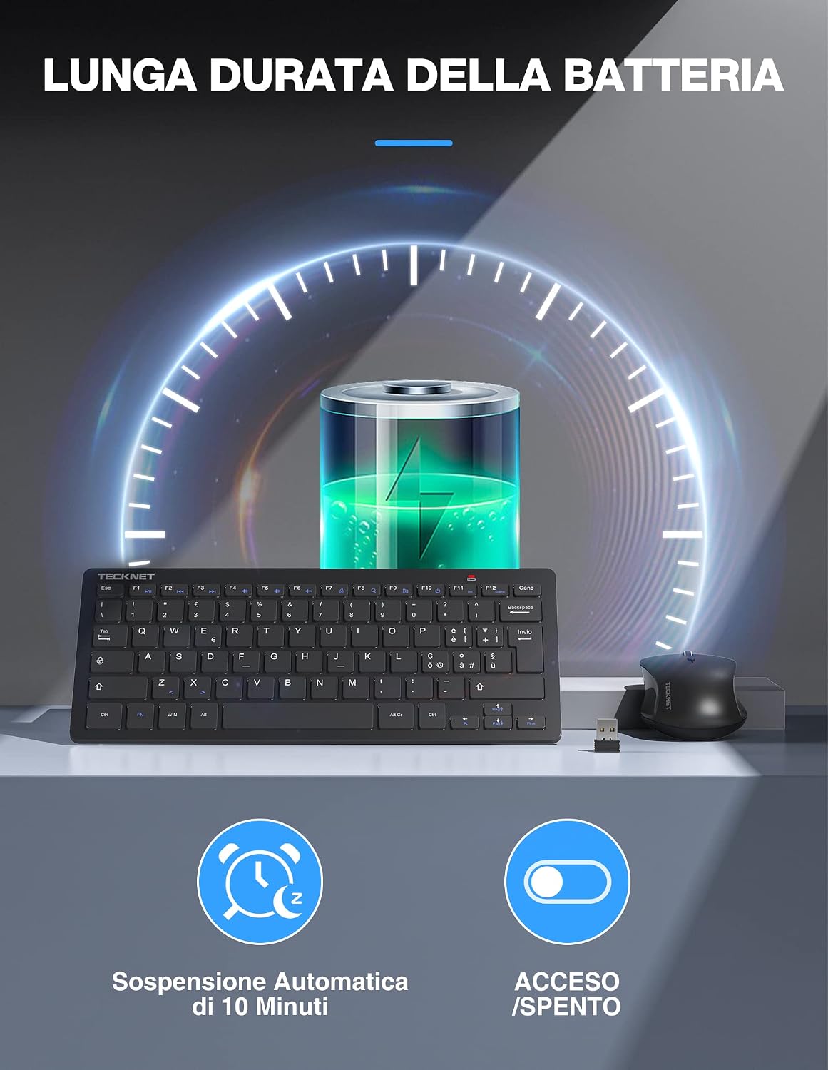Thumbnail 6 de TECKNET Set Tastiera e Mouse Wireless 2.4G Silenzioso con Ricevitore Nano USB – layout Italiano