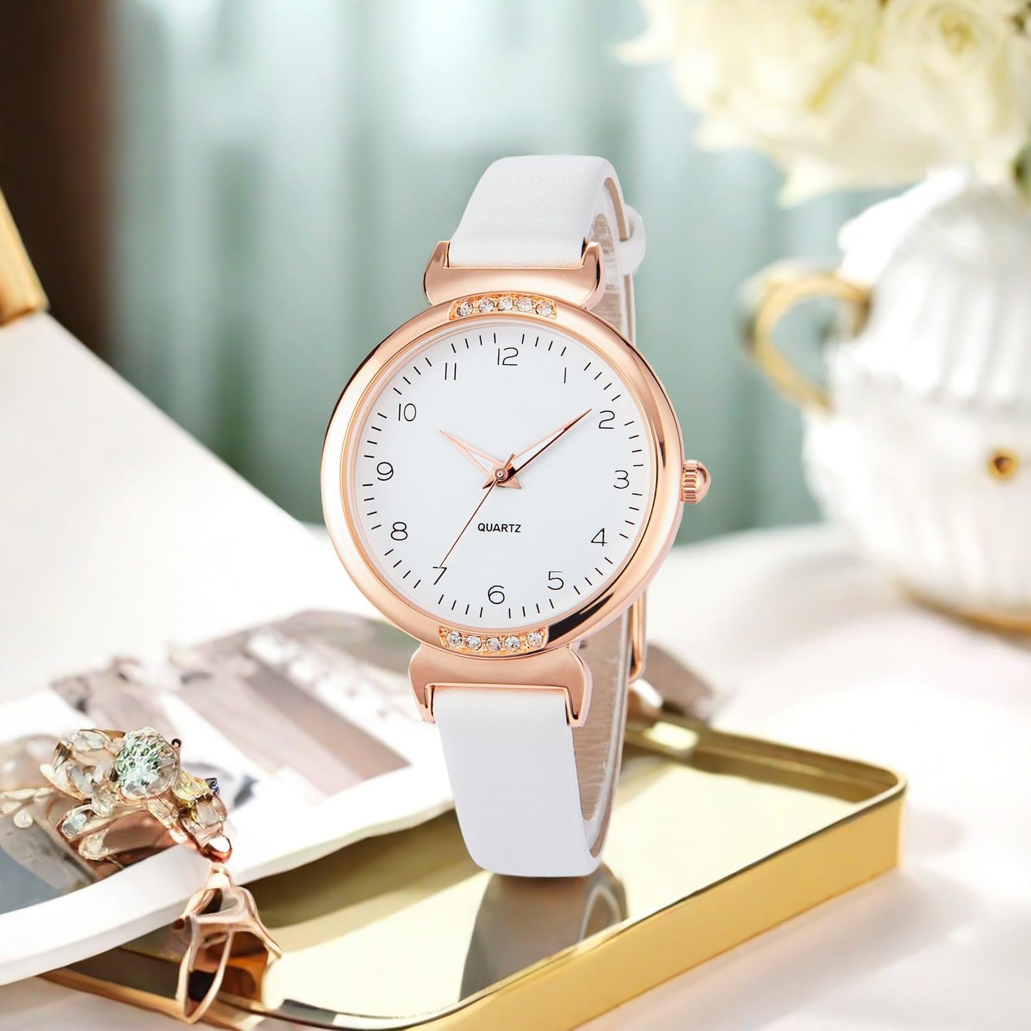 Thumbnail 2 de NUOVO Women’s Rhinestone Bezel Dress Watch with Rose Gold Case and White Leather