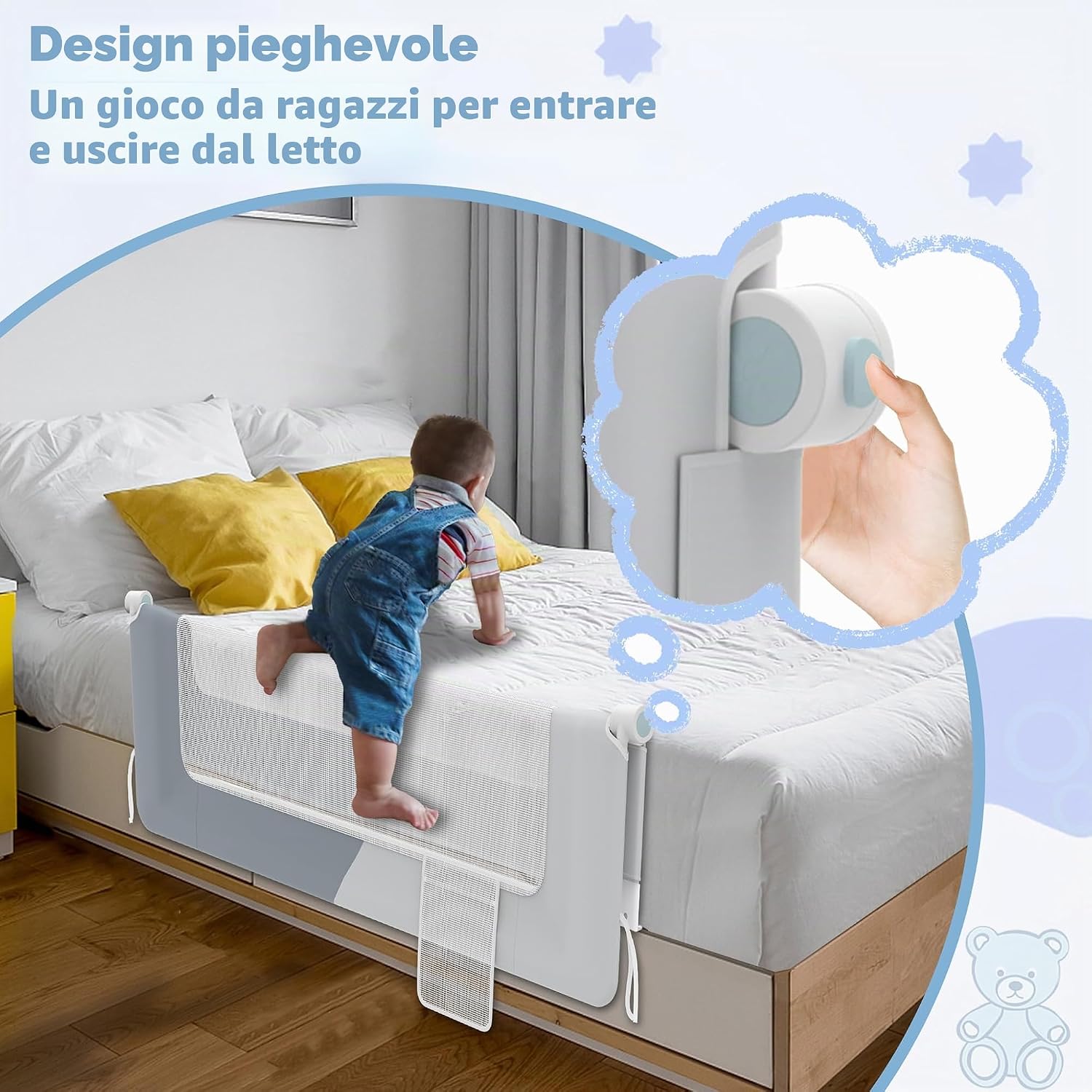 Thumbnail 3 de LZQ Zanzariera per letto per bambini, pieghevole e regolabile 72–86 cm di altezza (180 cm) - protezione anti-caduta universale
