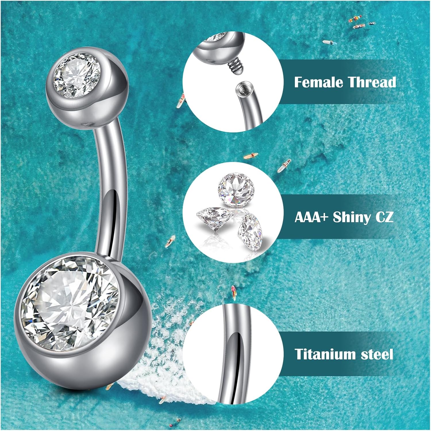Detalle de AceFun Titanium Belly Bar - 10mm Silver Navel Bar with Cubic Zirconia