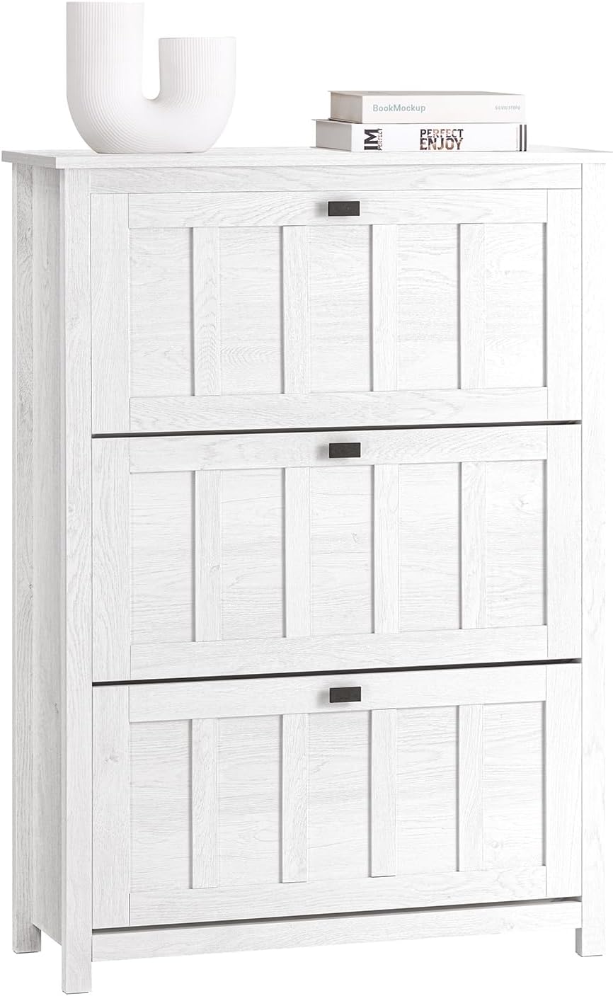 Detalle de SoBuy Meuble Chaussures Entrée FSR162-W – 3 abattants, blanc vintage, 80x30x111 cm