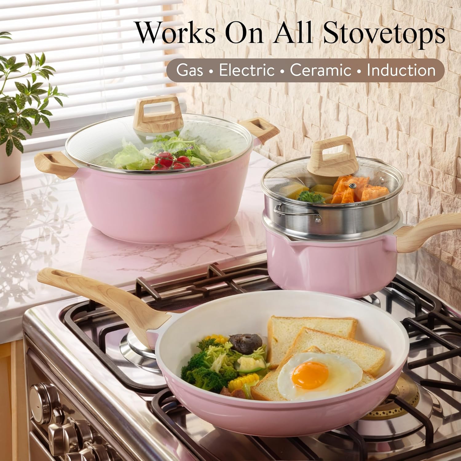 Thumbnail 6 de CAROTE 21 PCS Ceramic Cookware Set: Nonstick Pots and Pans, Induction Ready in Pink