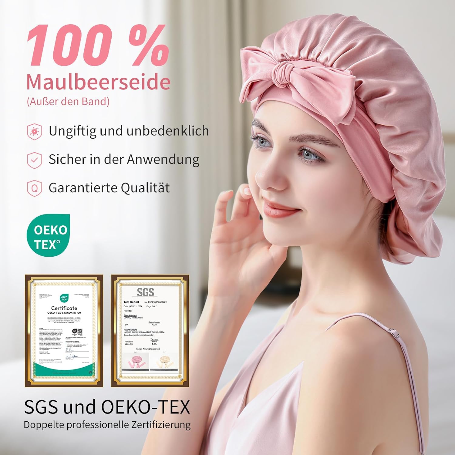 Detalle de SILMANA Seidenhaube zum Schlafen – 100% Maulbeerseide, 22 Momme, doppellagig, rosa