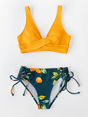 Detalle de CUPSHE Damen Bikini-Set Wickeloptik mit Blumenmuster – Zitronengelb, Low Rise S