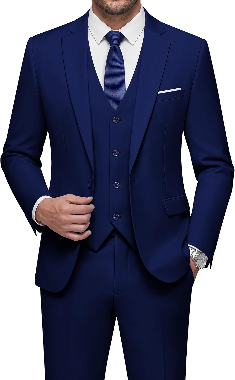 Detalle de WULFUL Slim Fit Men’s 3-Piece Suit Set (Jacket, Vest, Pants) for Business, Weddings, and Events
