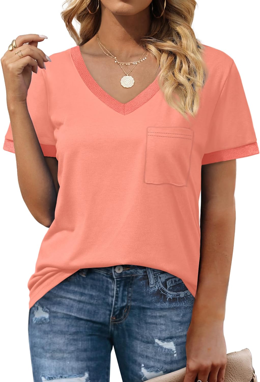 Detalle 2 de Geifa Women’s V-Neck Short Sleeve Loose T-Shirt Top with Pocket