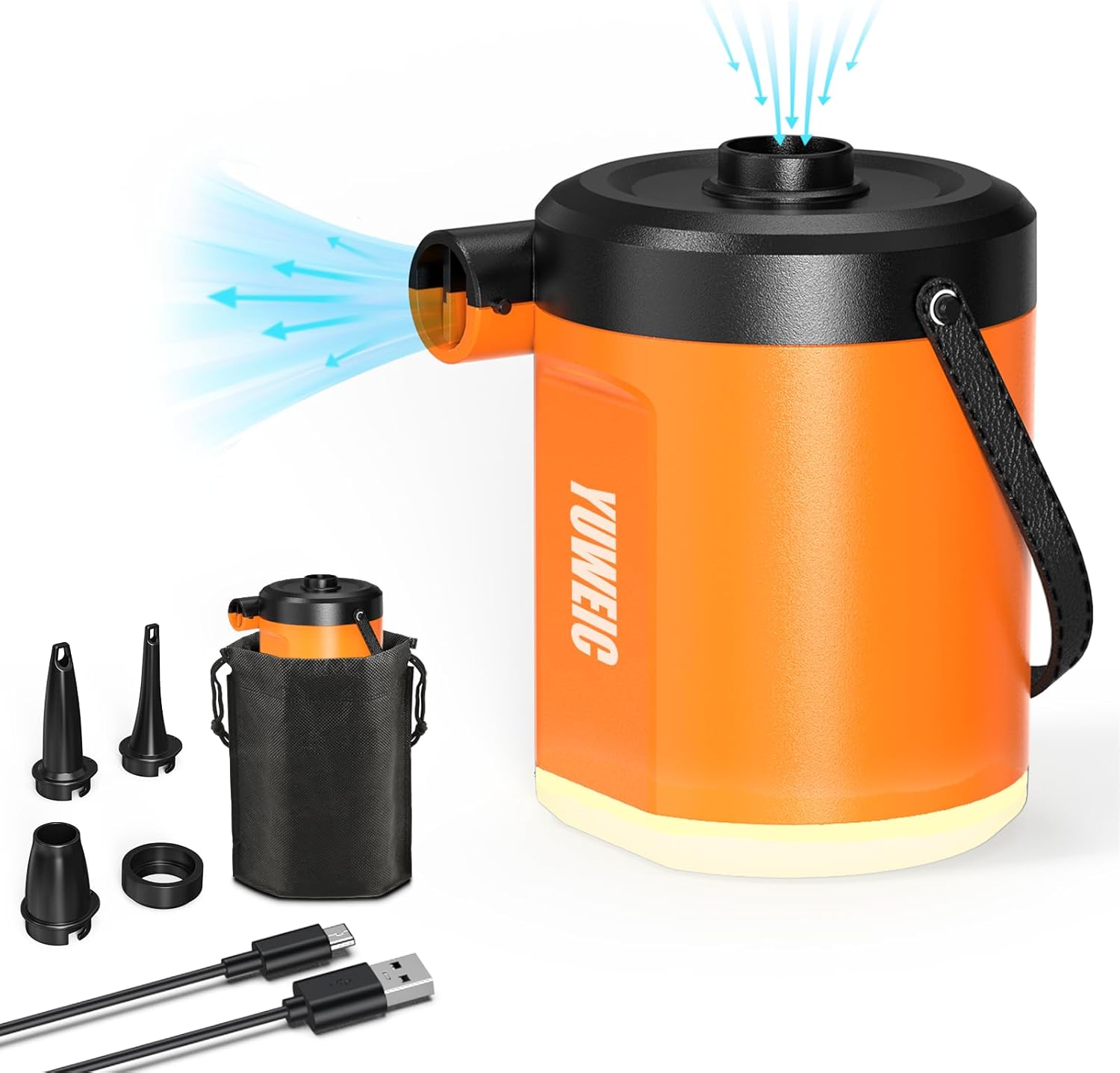 Detalle de YUWEIC Camping Electric Air Pump with Lantern — 18W, 5000mAh, 280L/min, 3 Nozzles