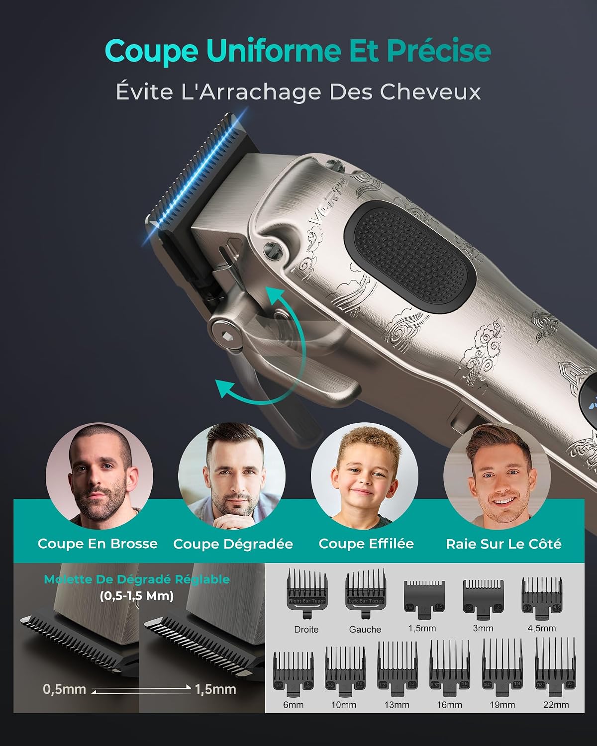 Thumbnail 1 de VGRPRO Tondeuse Cheveux Hommes Professionnel – kit sans fil avec étui et LED, 11 sabots et accessoires