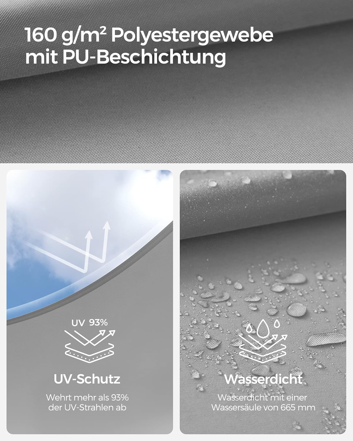 Detalle de SONGMICS Sonnensegel 2 x 3 m – wasserfest, UV-Schutz 93%, hellgrau