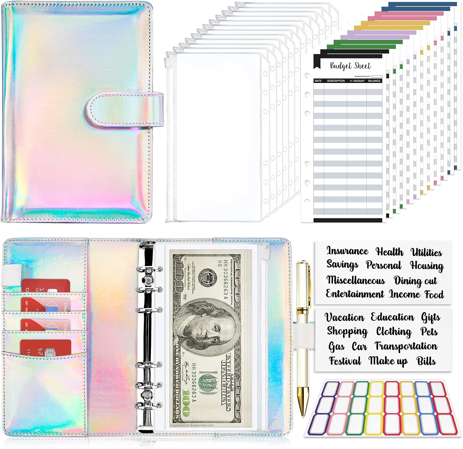 Detalle de Onlyesh 28Pcs-Shiny-Book Budget Binder with Waterproof Cash Envelopes, Silver