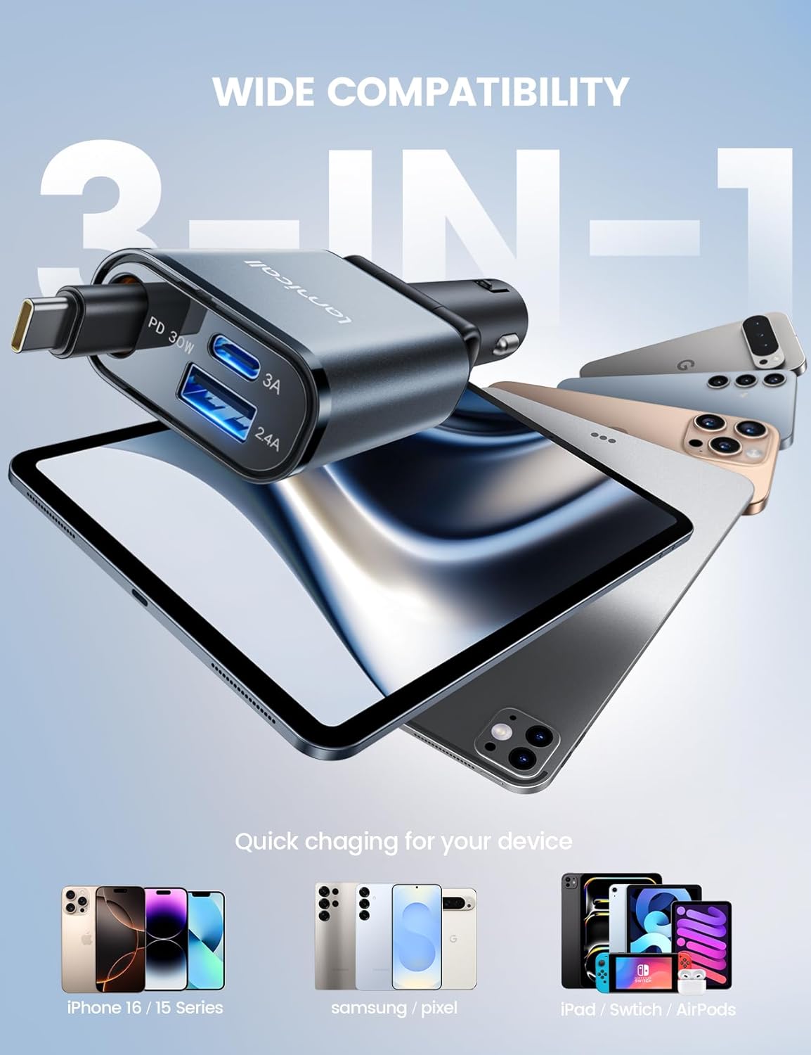 Thumbnail 5 de Lamicall 3-in-1 Retractable Car Charger 57W