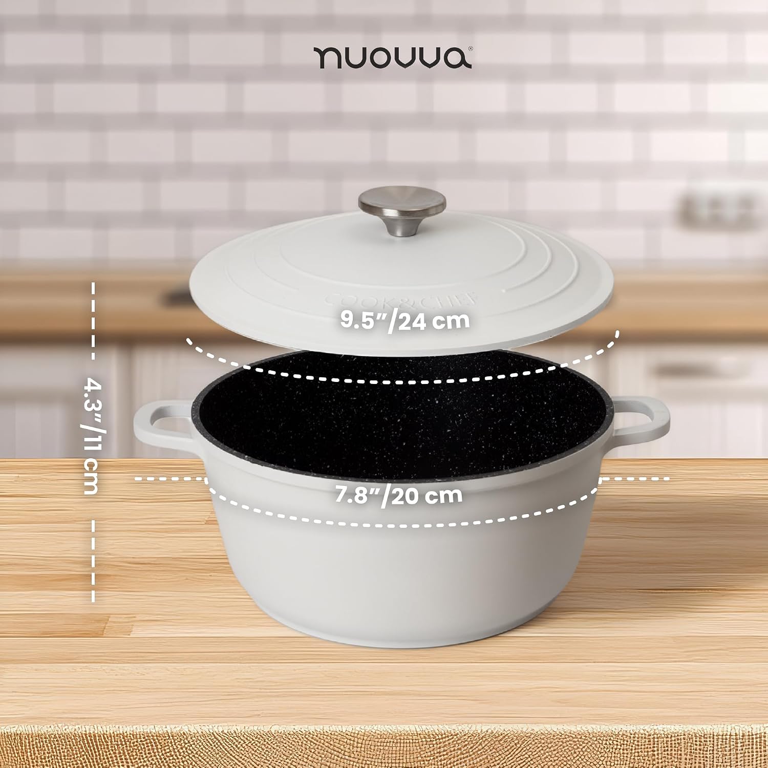 Detalle de Nuovva 4L Cream Aluminium Casserole Dish with Lid – Non-Stick Deep Dutch Oven for Induction & Oven Use